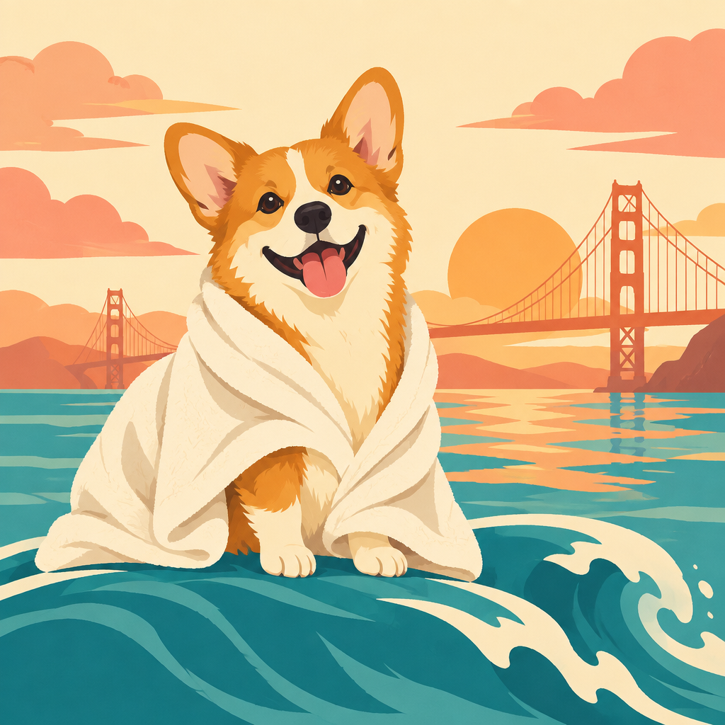 Illustration of a happy corgi wrapped in a soft towel after a bath