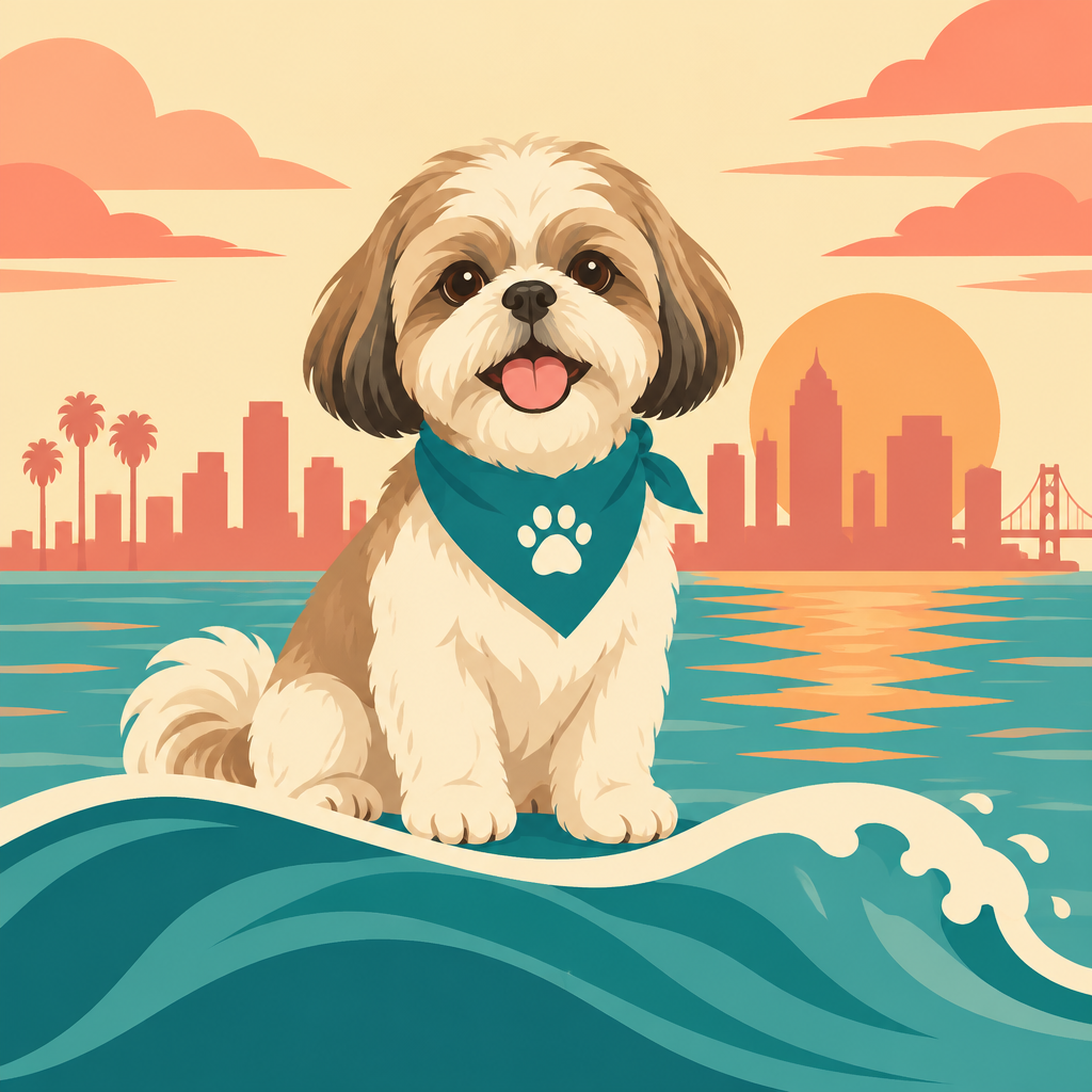 Illustration of a shih tzu with a tidy haircut at sunset